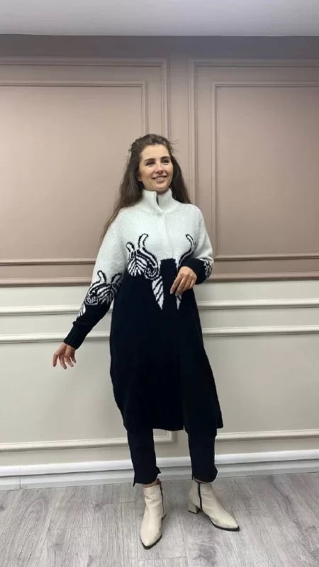 Noi 43708 Siyah-Ekru Desenli Triko Hırka