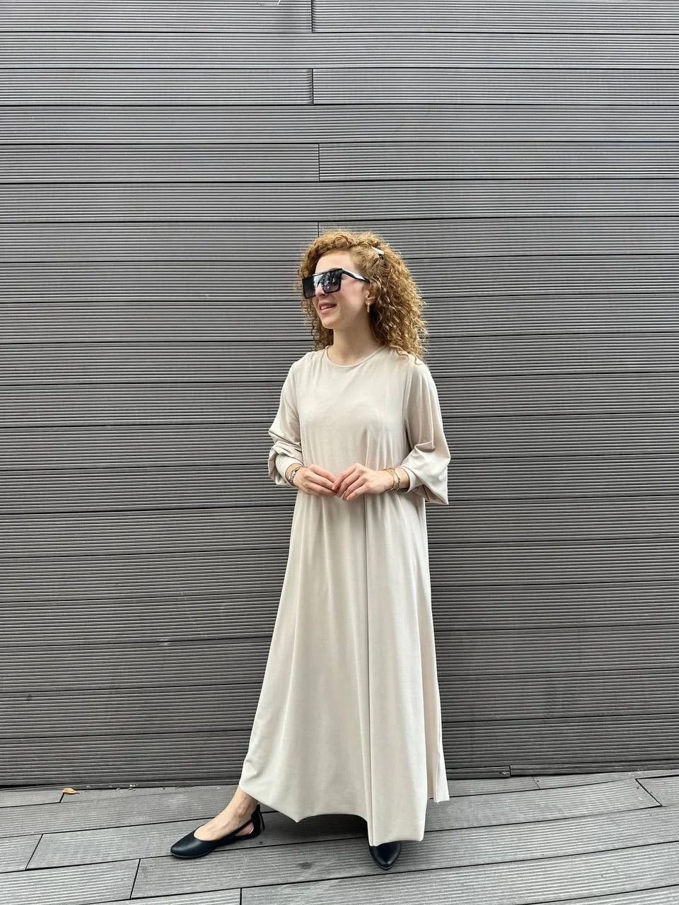 Noi 53222 Bej Krep Jarse Kolları Manşetli A Form Elbise