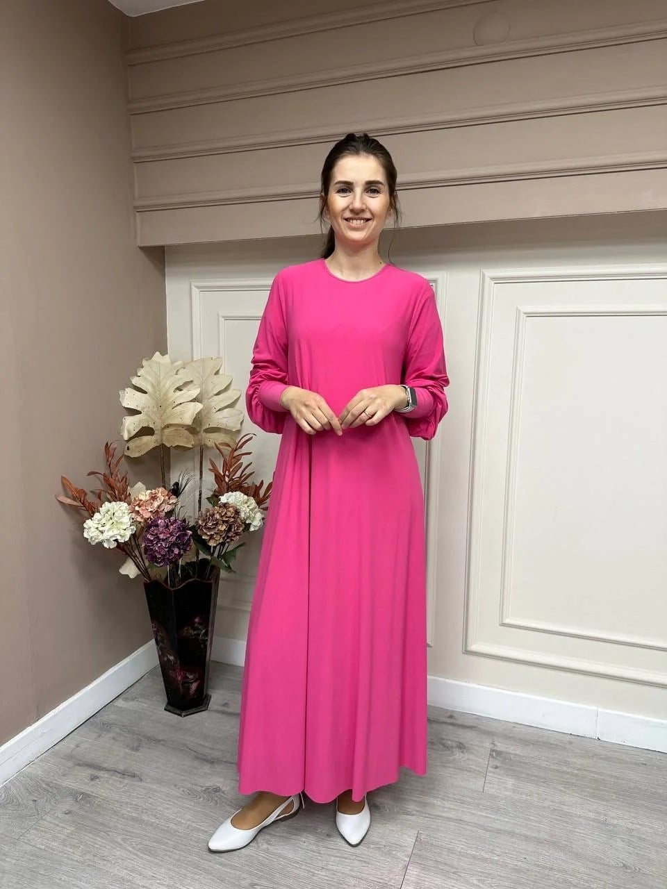 Noi 53222 Fuşya Krep Jarse Kolları Manşetli A Form Elbise