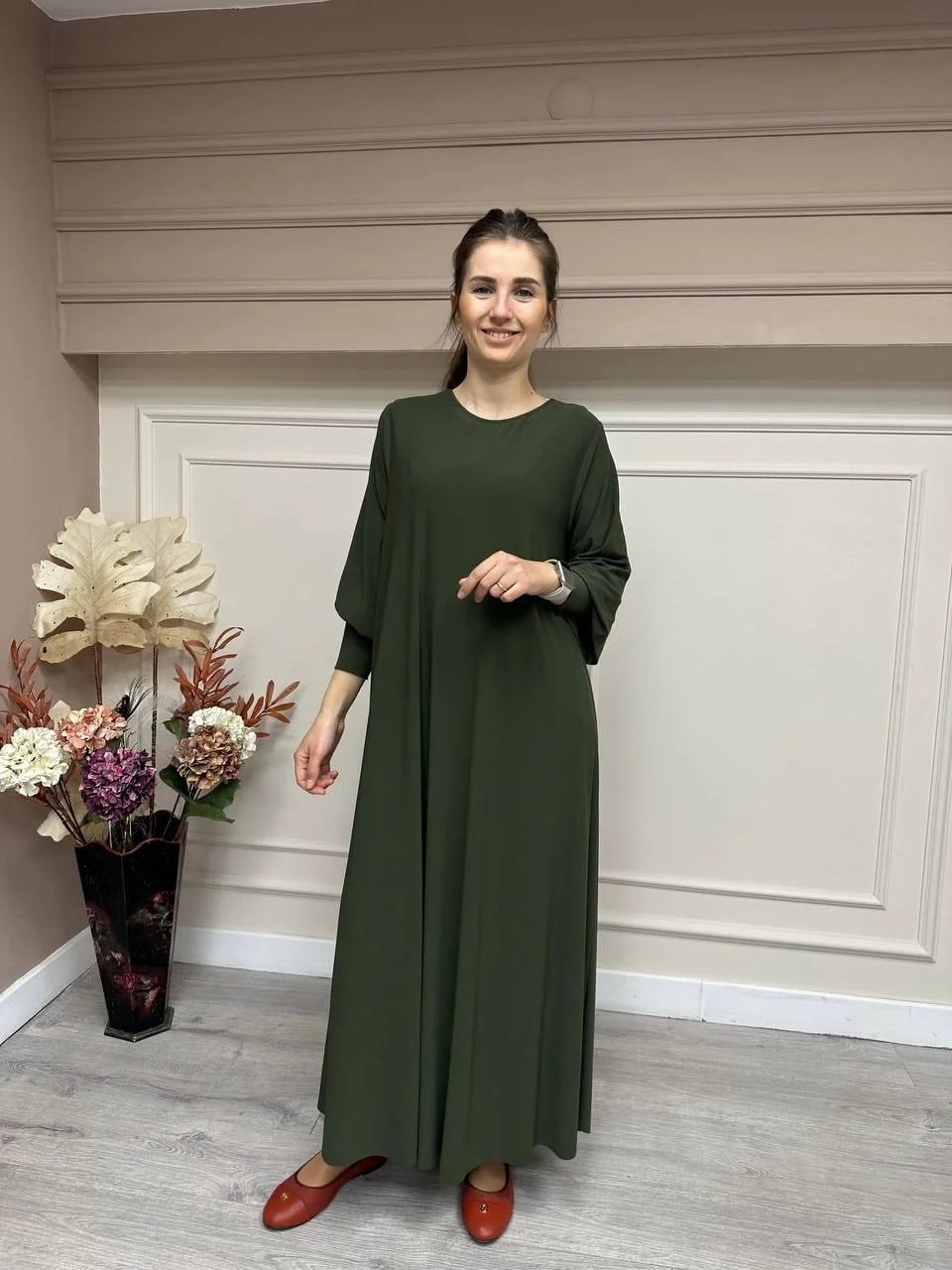 Noi 53222 Koyu Yeşil Krep Jarse Kolları Manşetli A Form Elbise