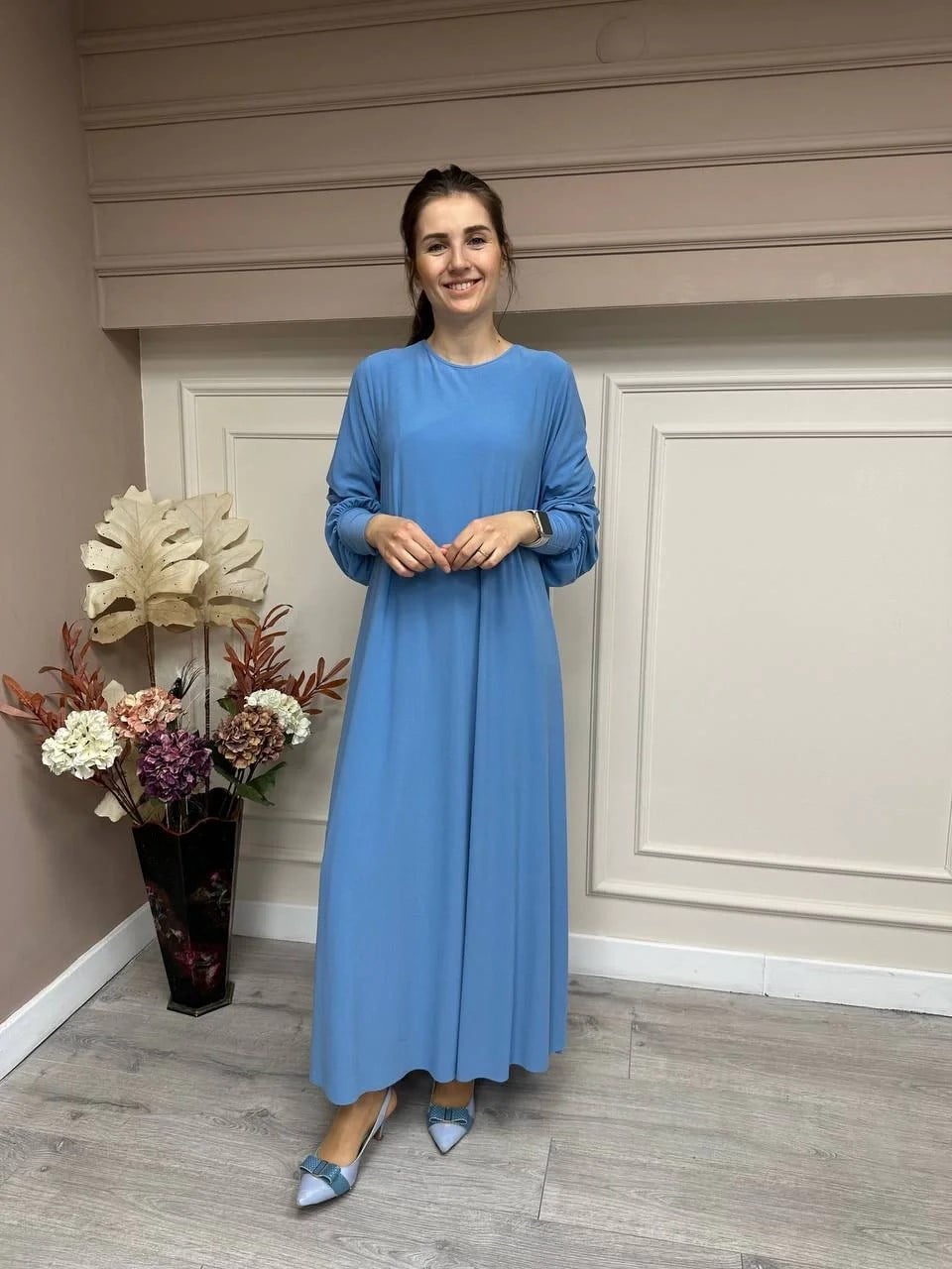 Noi 53222 Mavi Krep Jarse Kolları Manşetli A Form Elbise