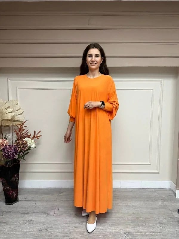 Noi 53222 Turuncu Krep Jarse Kolları Manşetli A Form Elbise