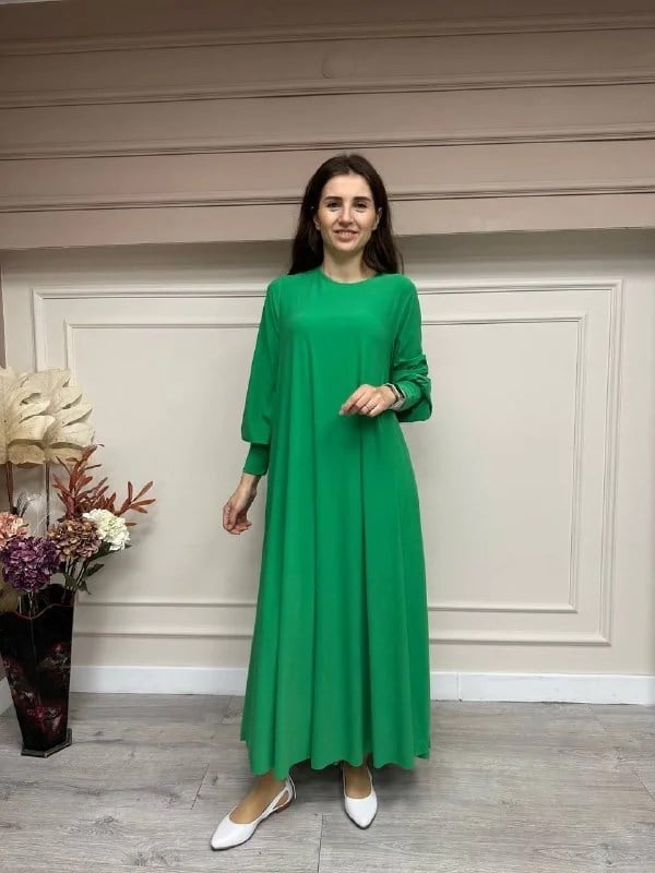 Noi 53222 Yeşil Krep Jarse Kolları Manşetli A Form Elbise