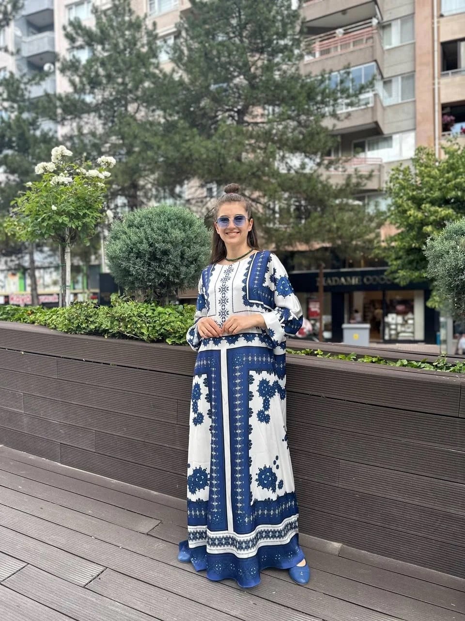 Noi 53257 İndigo Saten Kumaş Desenli Elbise