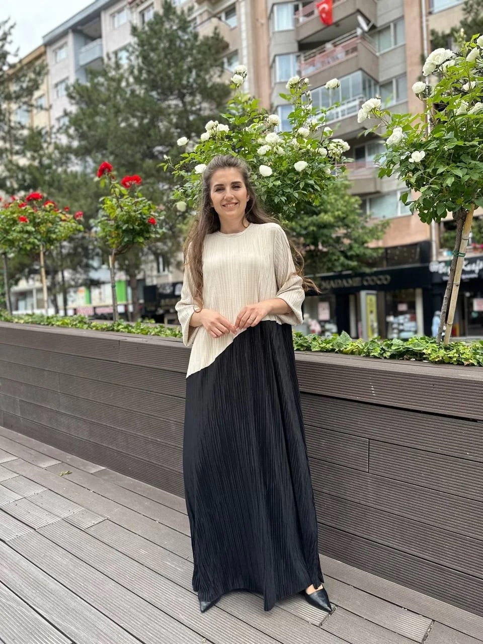 Noi 53260 Bej Kendinden Kraşlı İki Renk Elbise