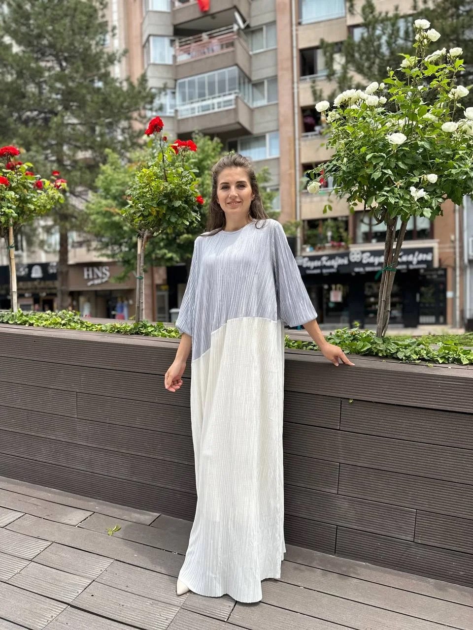 Noi 53260 Gri Kendinden Kraşlı İki Renk Elbise