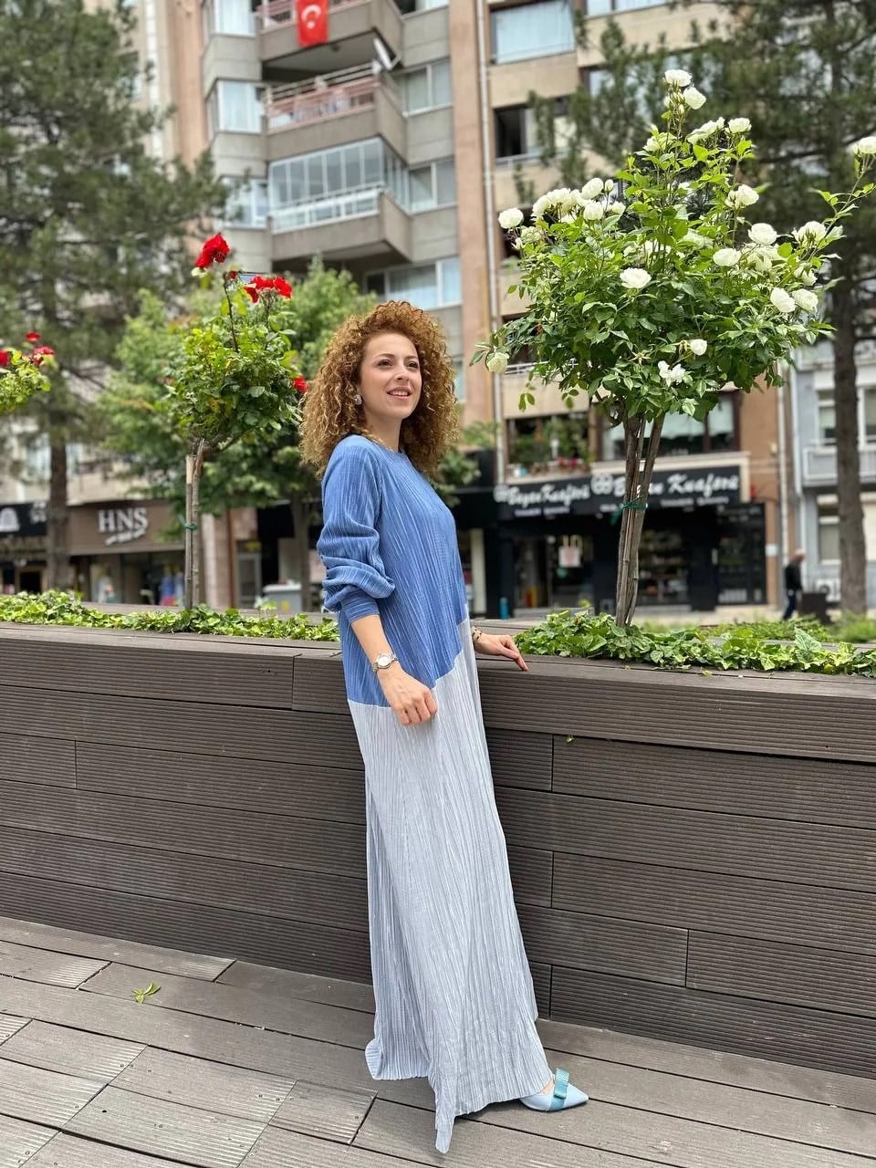 Noi 53260 İndigo Kendinden Kraşlı İki Renk Elbise