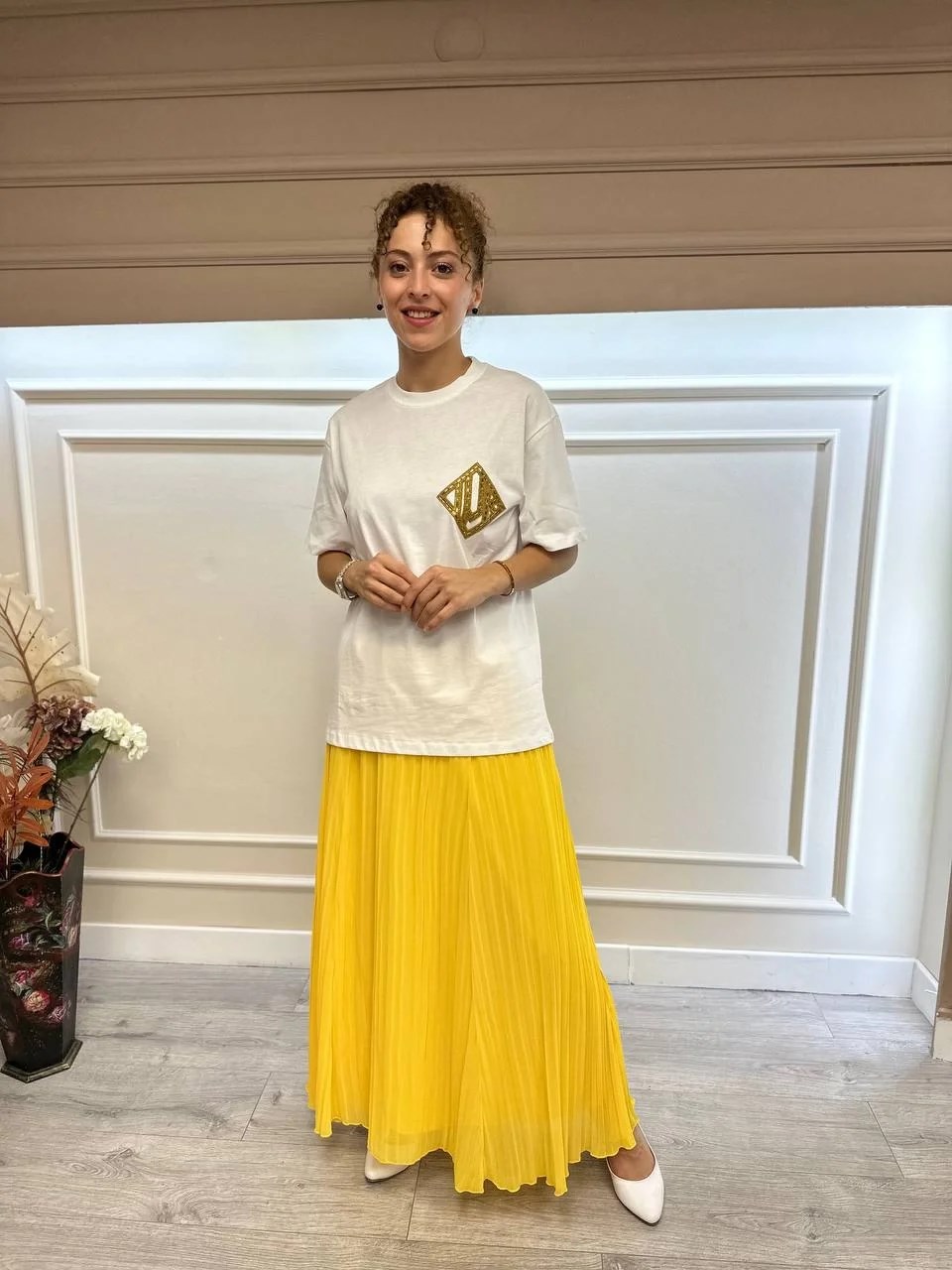 Noi 53408 Sarı Şifon Kroşki Pilise Etek