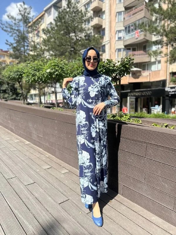 Noi 64214 Lacivert Jarse Japanese Summer Desenli Omuzları Volanlı Elbise