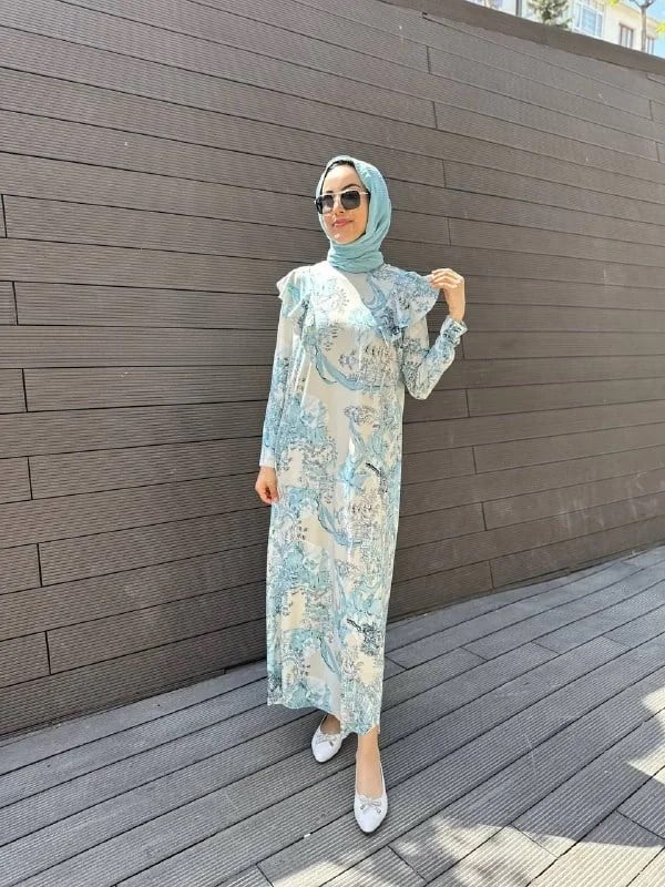 Noi 64214 Mint Jarse Japanese Summer Desenli Omuzları Volanlı Elbise