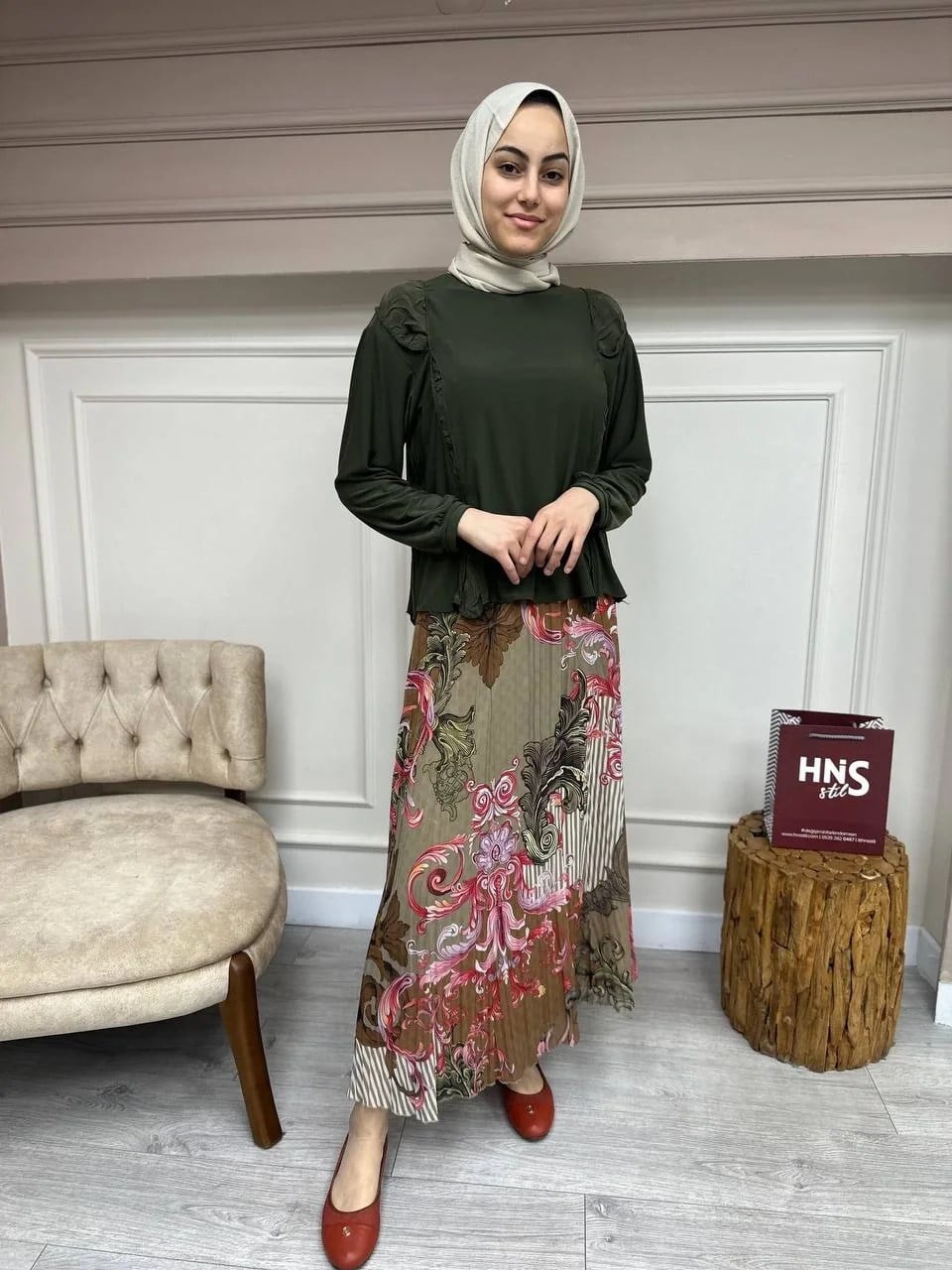 Noi 73431 Haki Şifon Kumaşlı Pilise Etek
