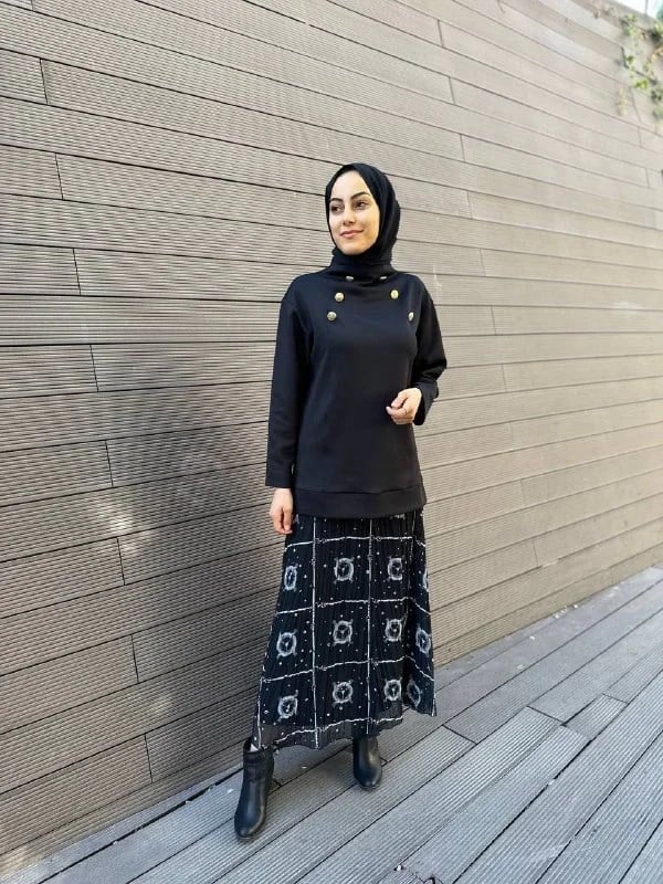Noi 73431 Siyah Şifon Kumaşlı Pilise Etek