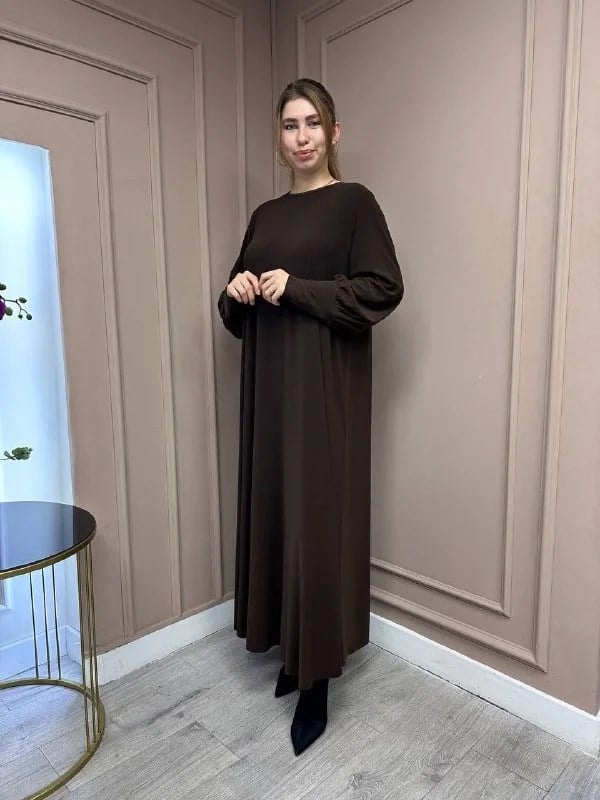 Noi 74208 Kahverengi Krep A Form Manşetli Elbise