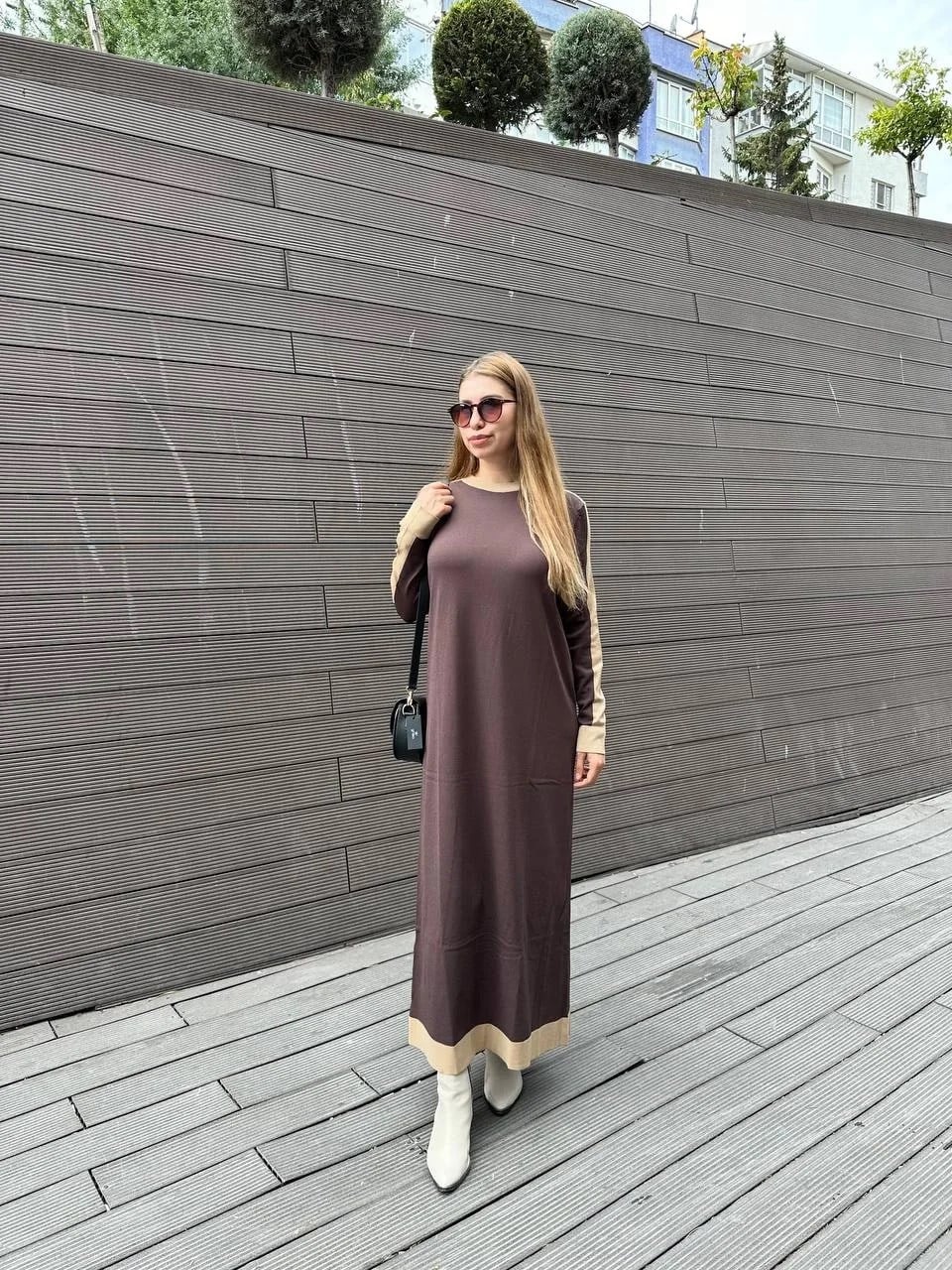 Nuss Triko 25K1411 Kahve Şeritli Triko Elbise