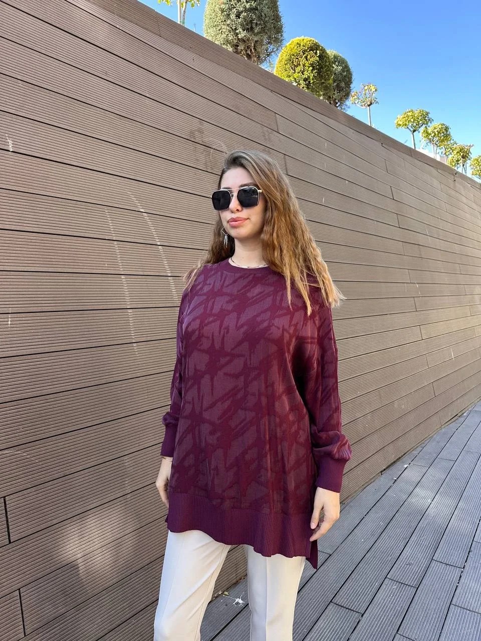 Nuss Triko 25K3004 Mürdüm Desenli Tunik