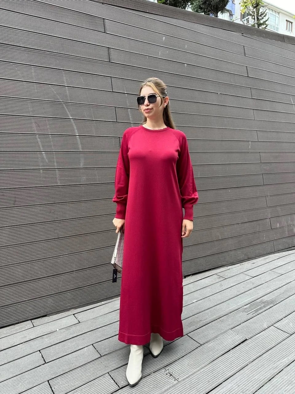 Nuss Triko 25K518 Bordo Triko Düz Elbise