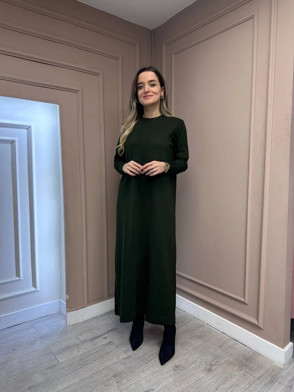 Nuss Triko 25Y1420 Haki Fitil Detaylı Triko Elbise