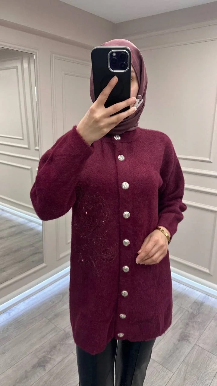 Nuss Triko 26K7007 Bordo Angora Hırka