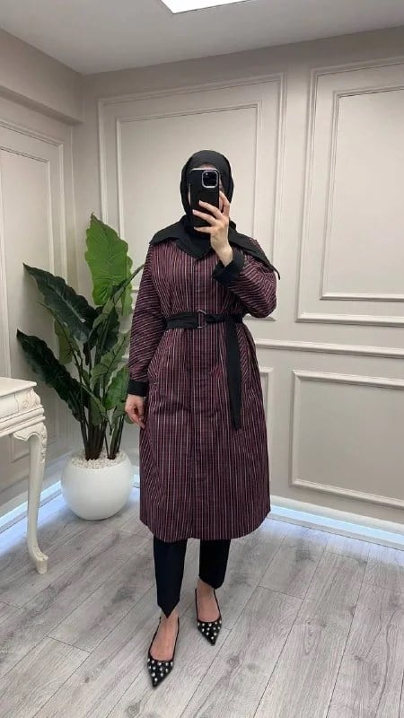 Trenç 3716 Bordo Ekose Desen Kemerli Kap