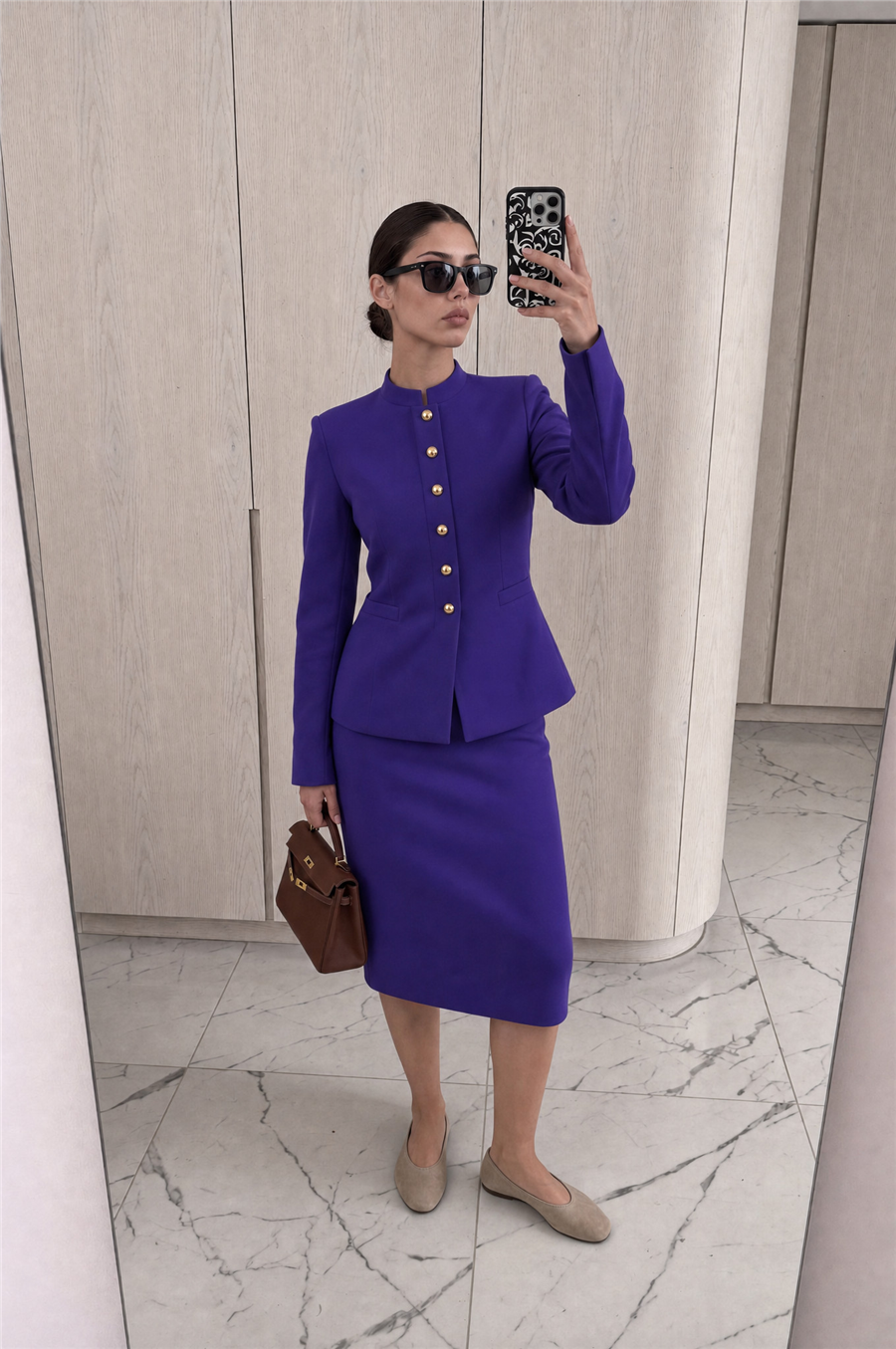 Alice Mücevher Düğmeli Hakim Yaka Ceket ve Midi Etek Takım Mor