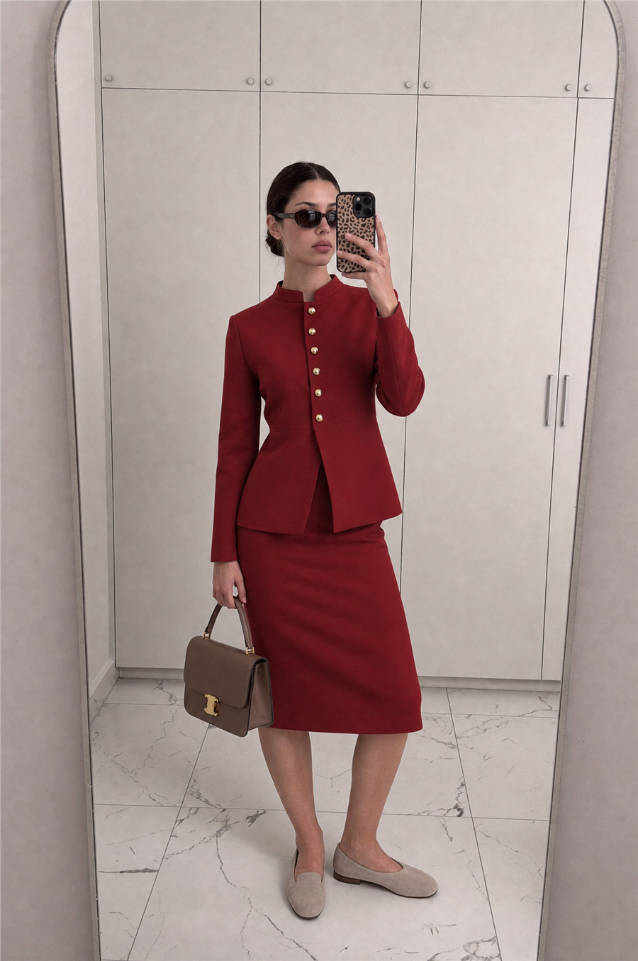 Alice Mücevher Düğmeli Hakim Yaka Ceket ve Midi Etek Takım Bordo