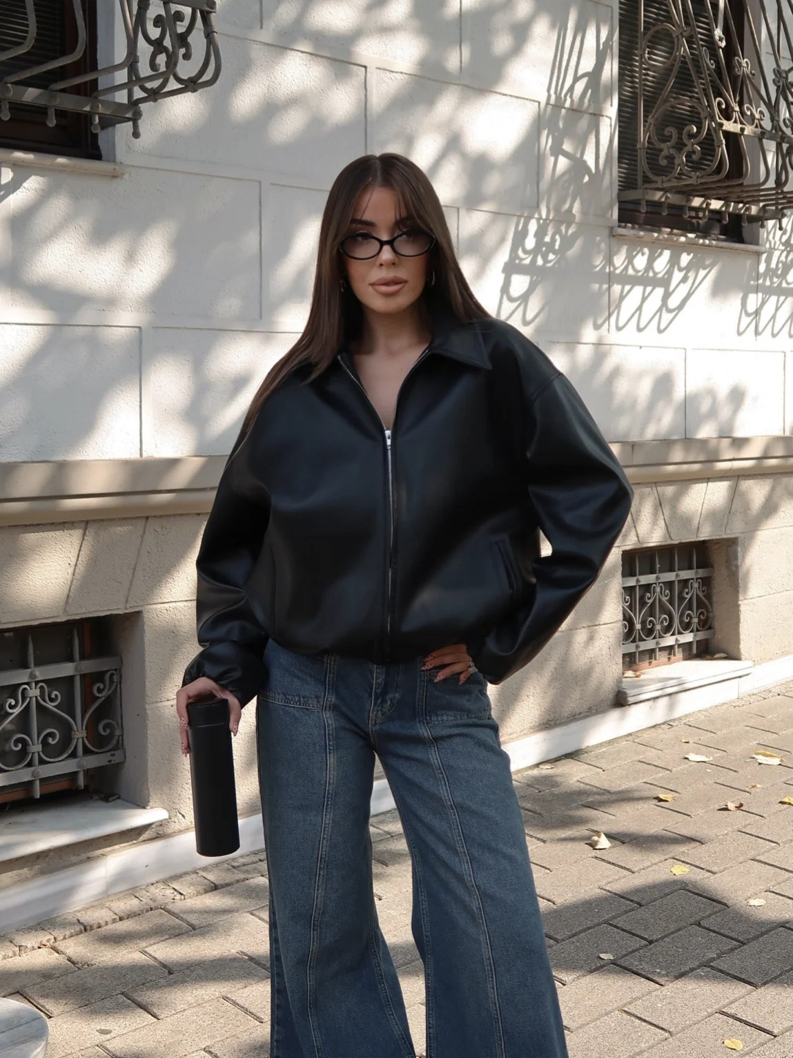 Betty Deri Fermuarlı Ceket Siyah