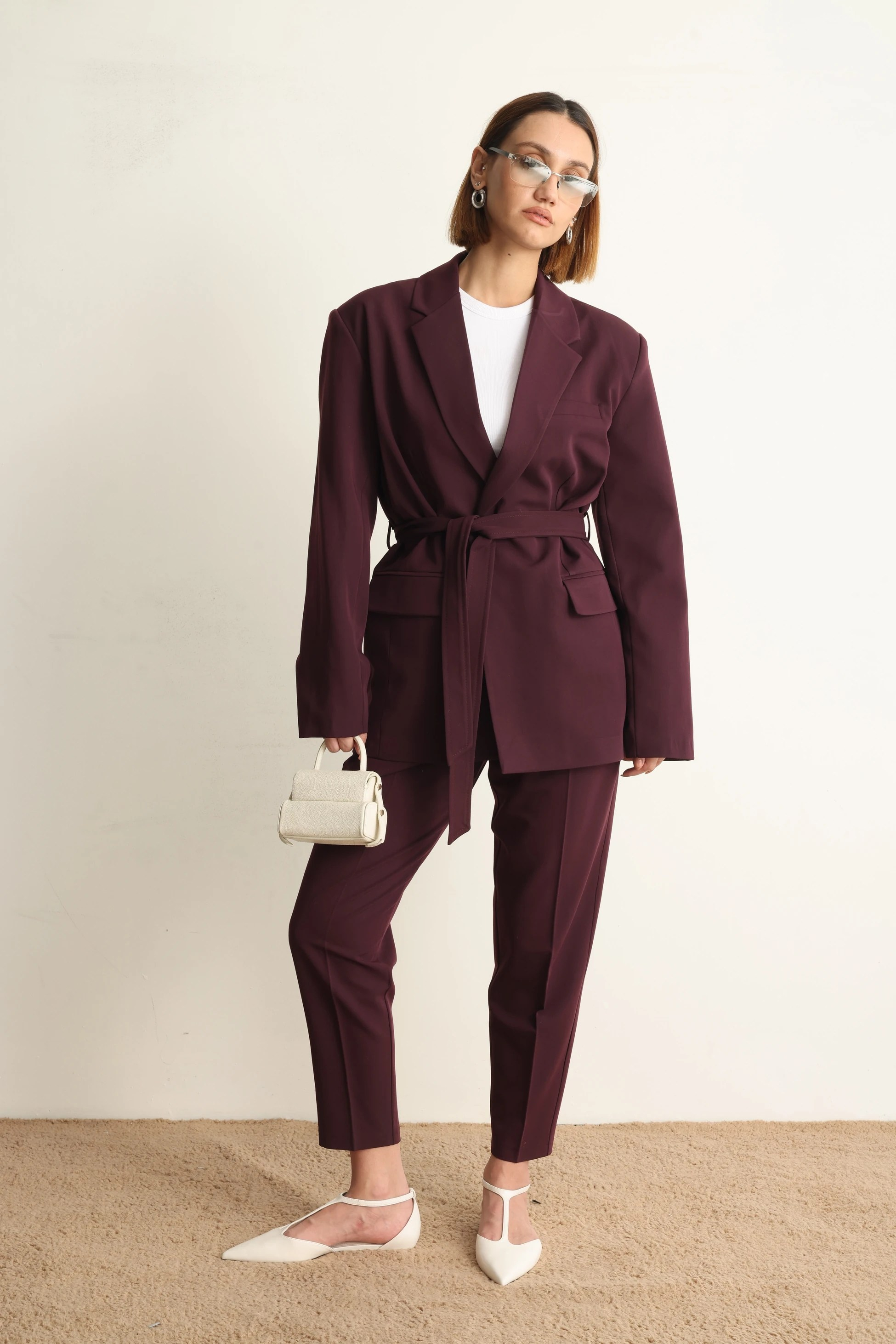 Bordo Kuşaklı Ceket Pantolon Takım
