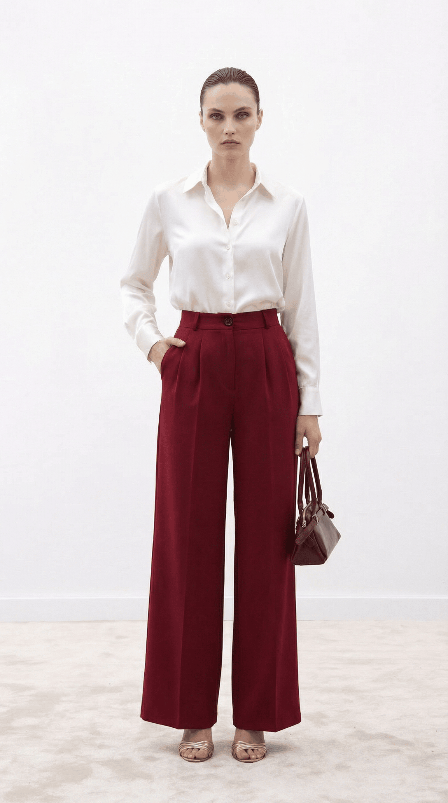 Bordo Yüksek Bel Pilili Wide Leg/Geniş Paça Dokuma Pantolon 25SWS5924 Palazzo