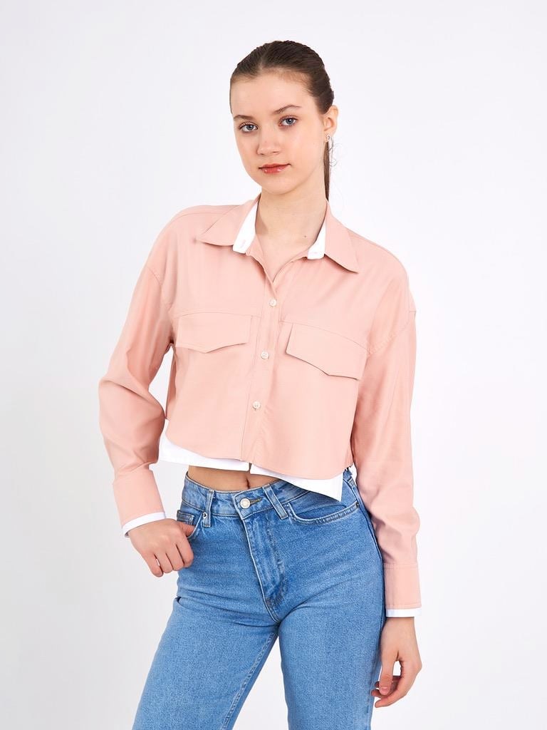 Crop Cepli Pembe Gömlek