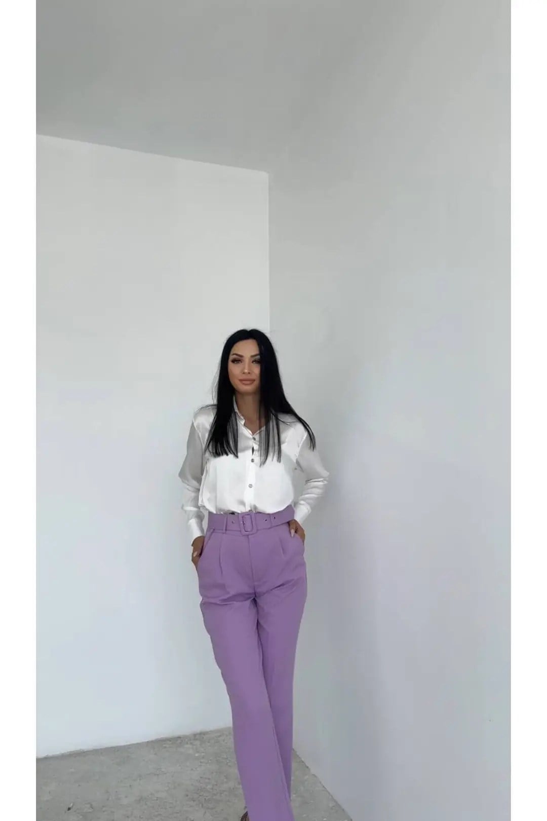 Dar Paça Klasik Kemerli Kumaş Pantolon Lila