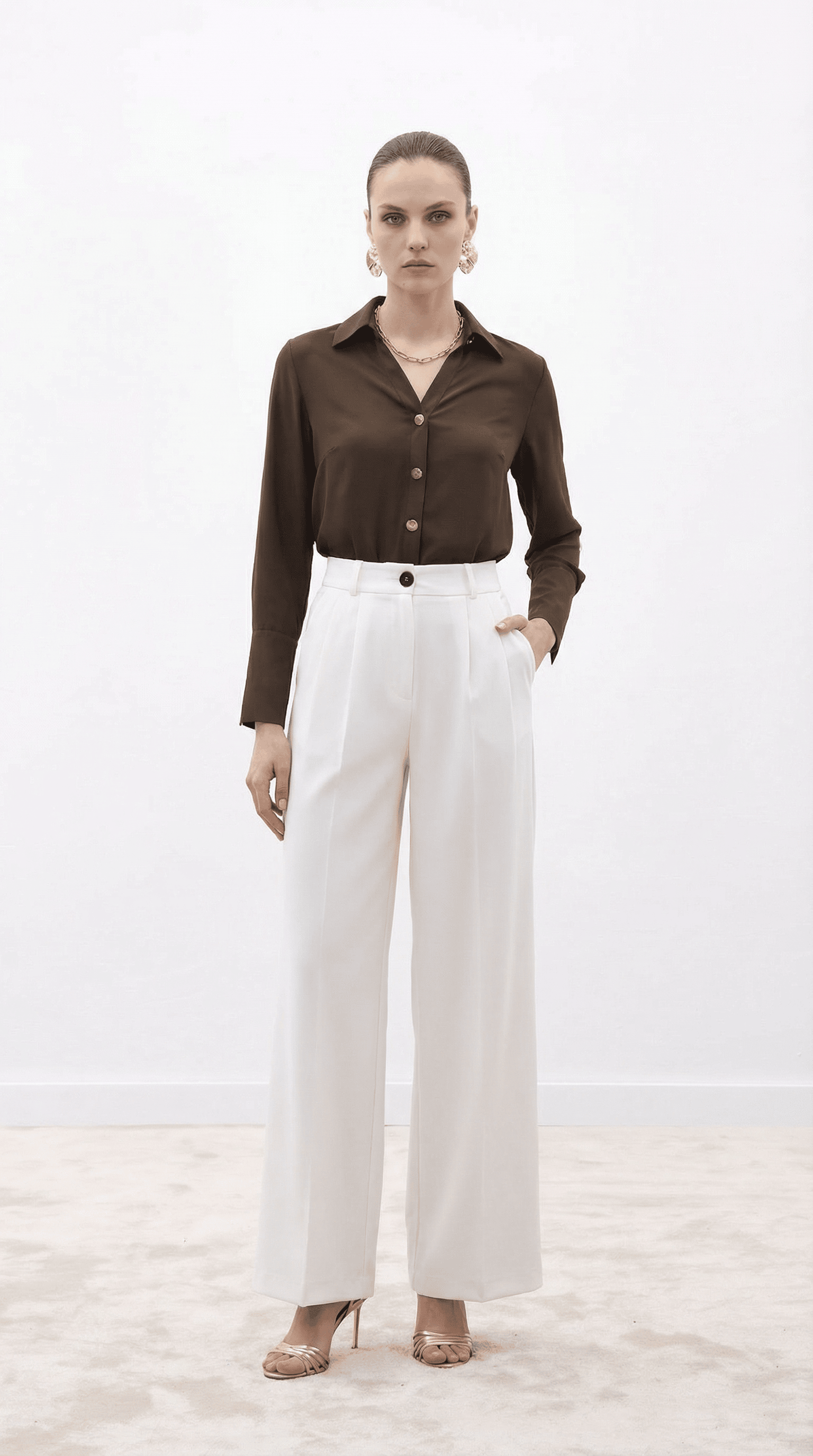 Ekru Yüksek Bel Pilili Wide Leg/Geniş Paça Dokuma Pantolon 25SWS5924 Palazzo