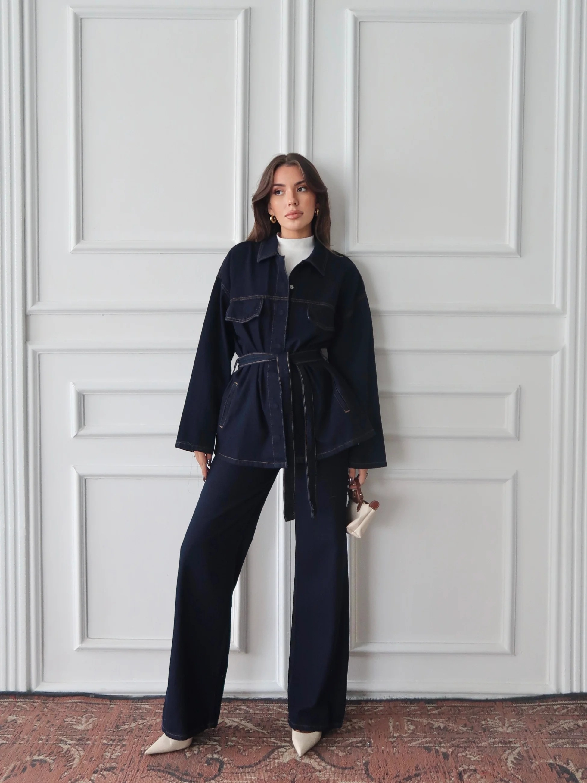 Lacivert Kemerli Geniş Paça Denim Takım