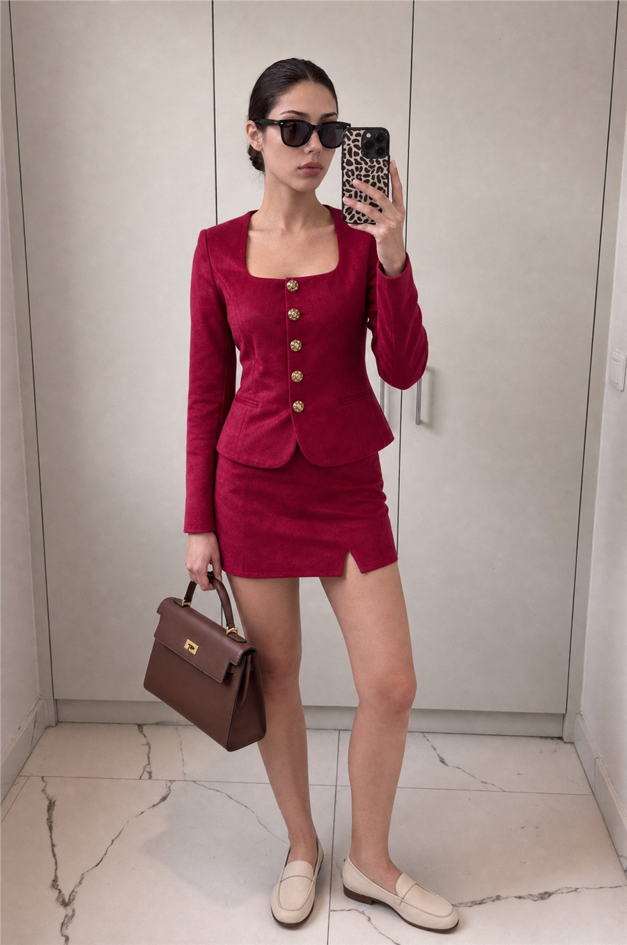 Luna Button Suit Süet Bordo