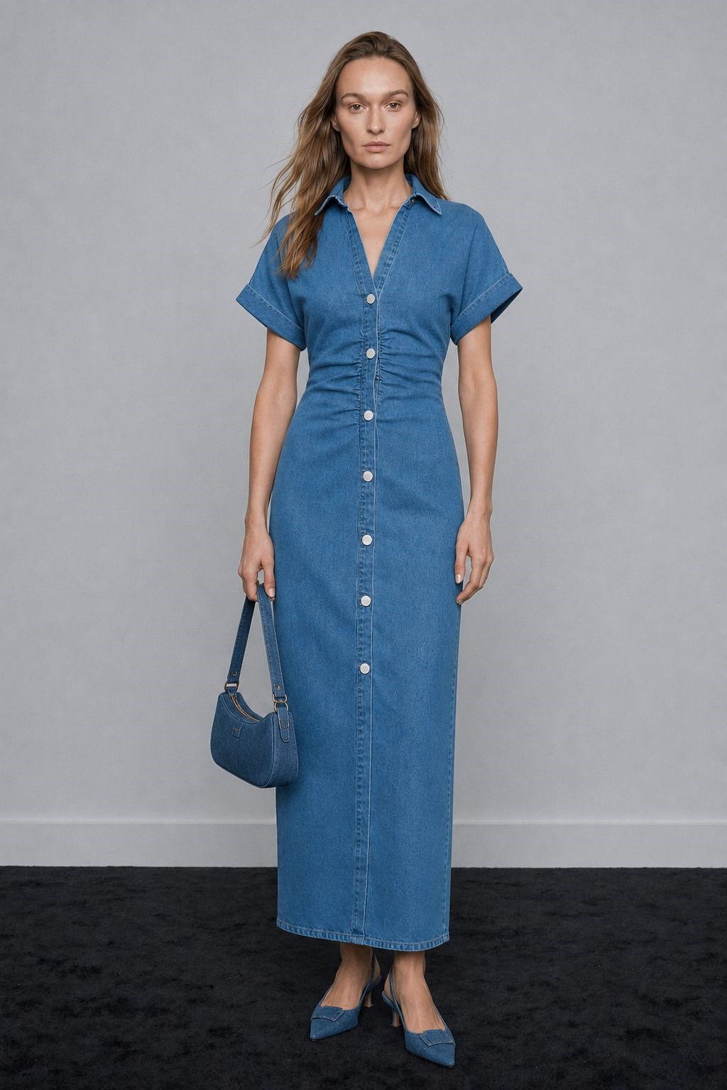 Melinda Drapeli Denim Elbise Mavi