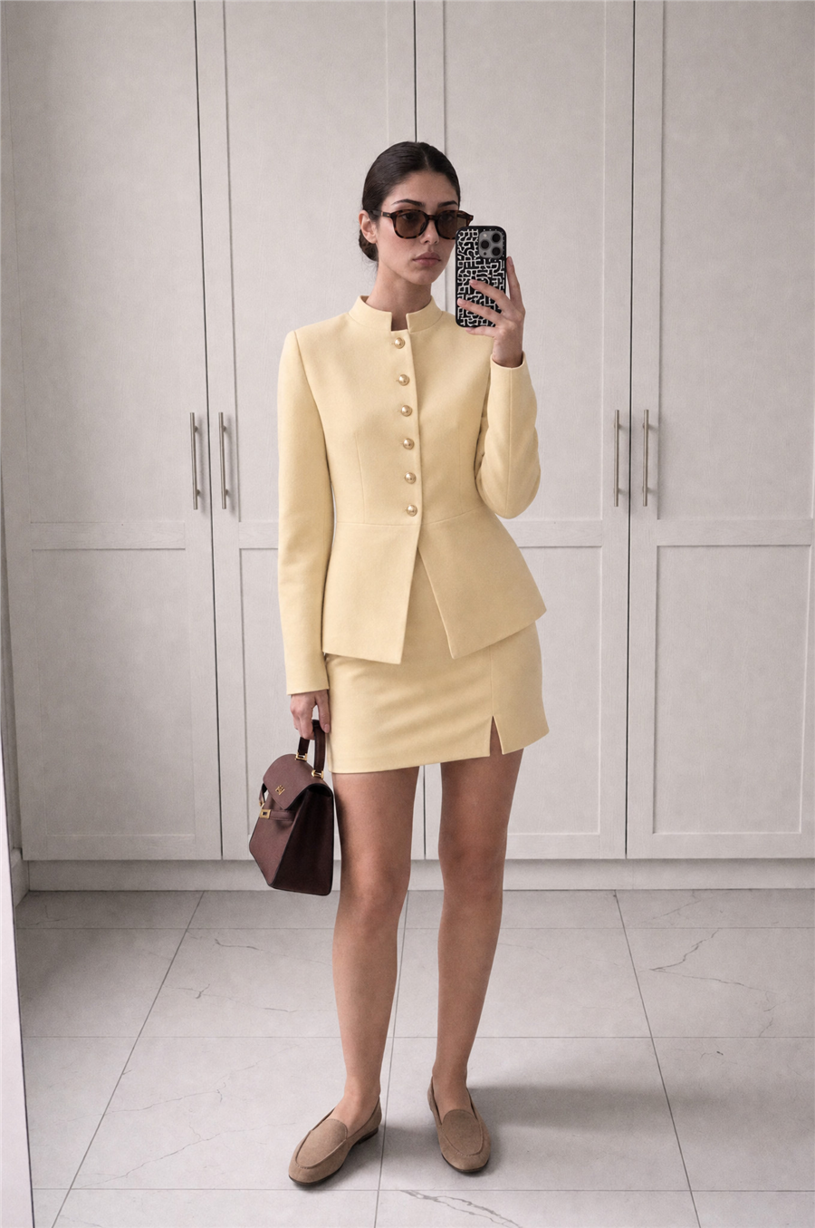 Millie Mücevher Düğmeli Hakim Yakalı Mini Etek Takım Sarı