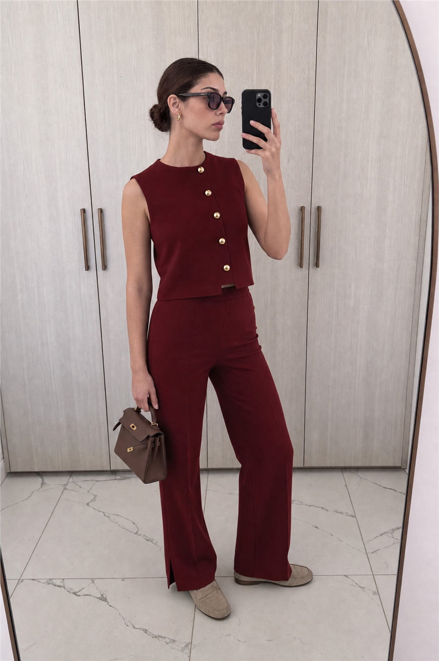 Minimal Gold Düğmeli Yelek Pantolon Takım Bordo