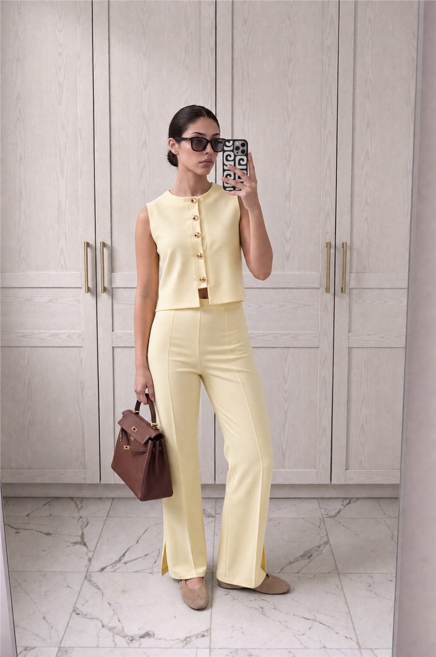 Minimal Gold Düğmeli Yelek Pantolon Takım Sarı