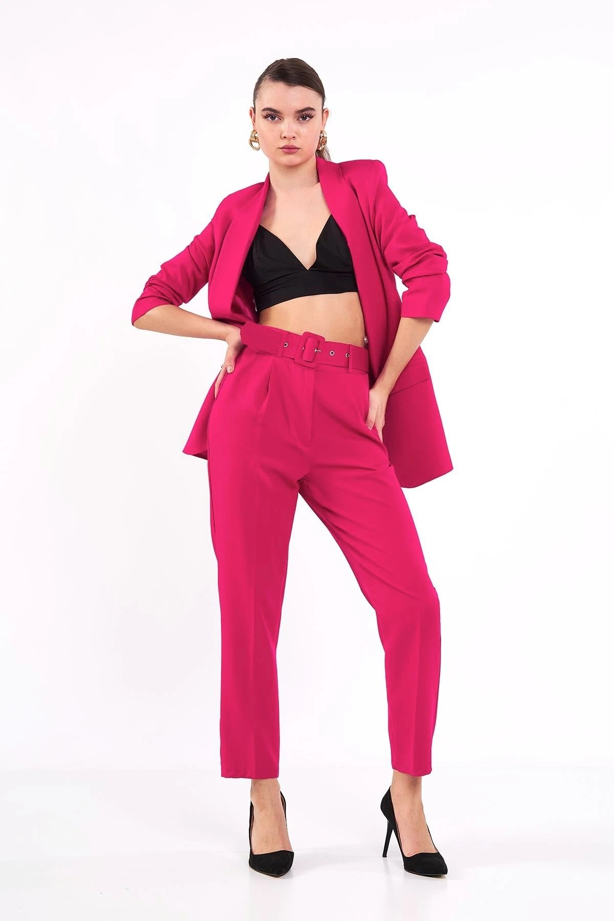 Modern Elegance Kemerli Fuşya Pantolon
