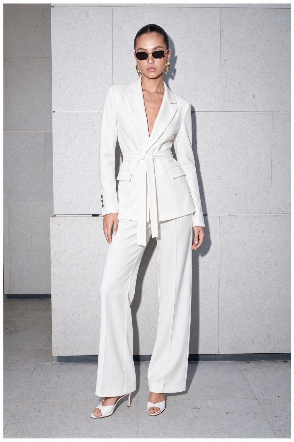 Rae Kuşak Detaylı Blazer Takım Beyaz