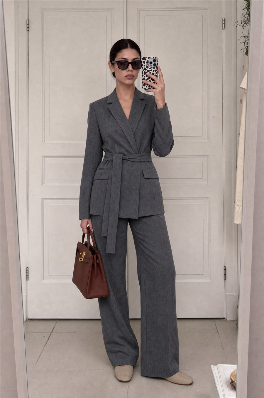 Rae Kuşak Detaylı Blazer Takım Gri