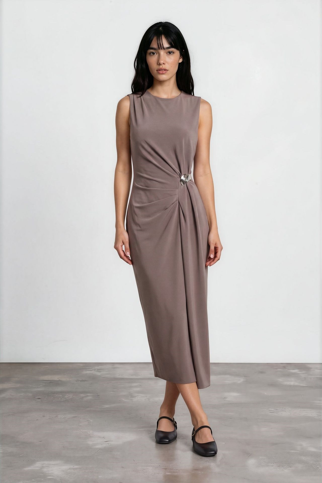 Roselia Drape Detaylı Midi Elbise Gri