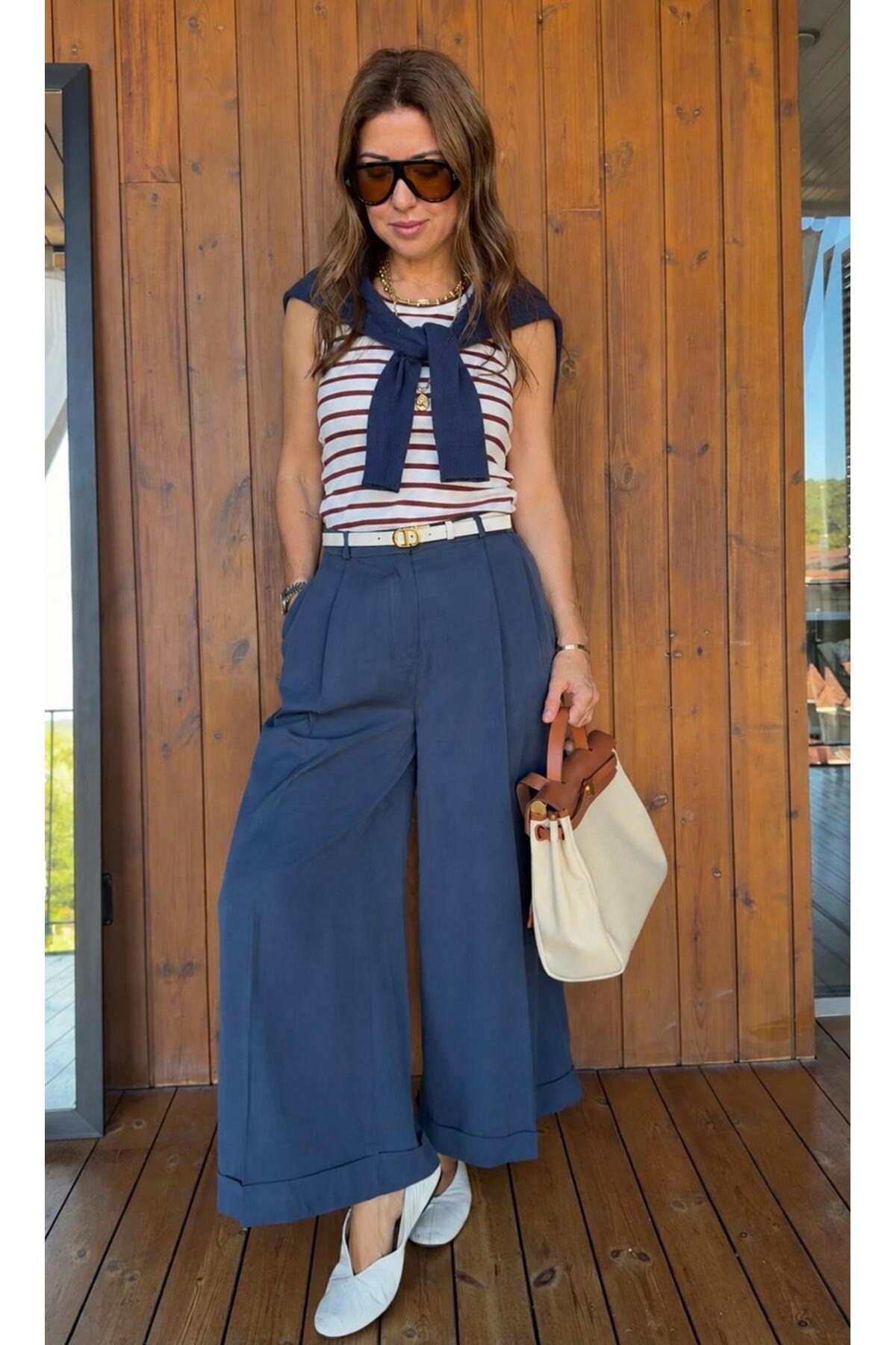 Dökümlü geniş paça tencel kısa culotte pantolon