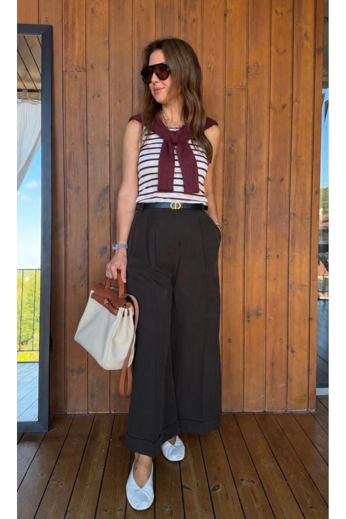 Dökümlü geniş paça tencel kısa culotte pantolon