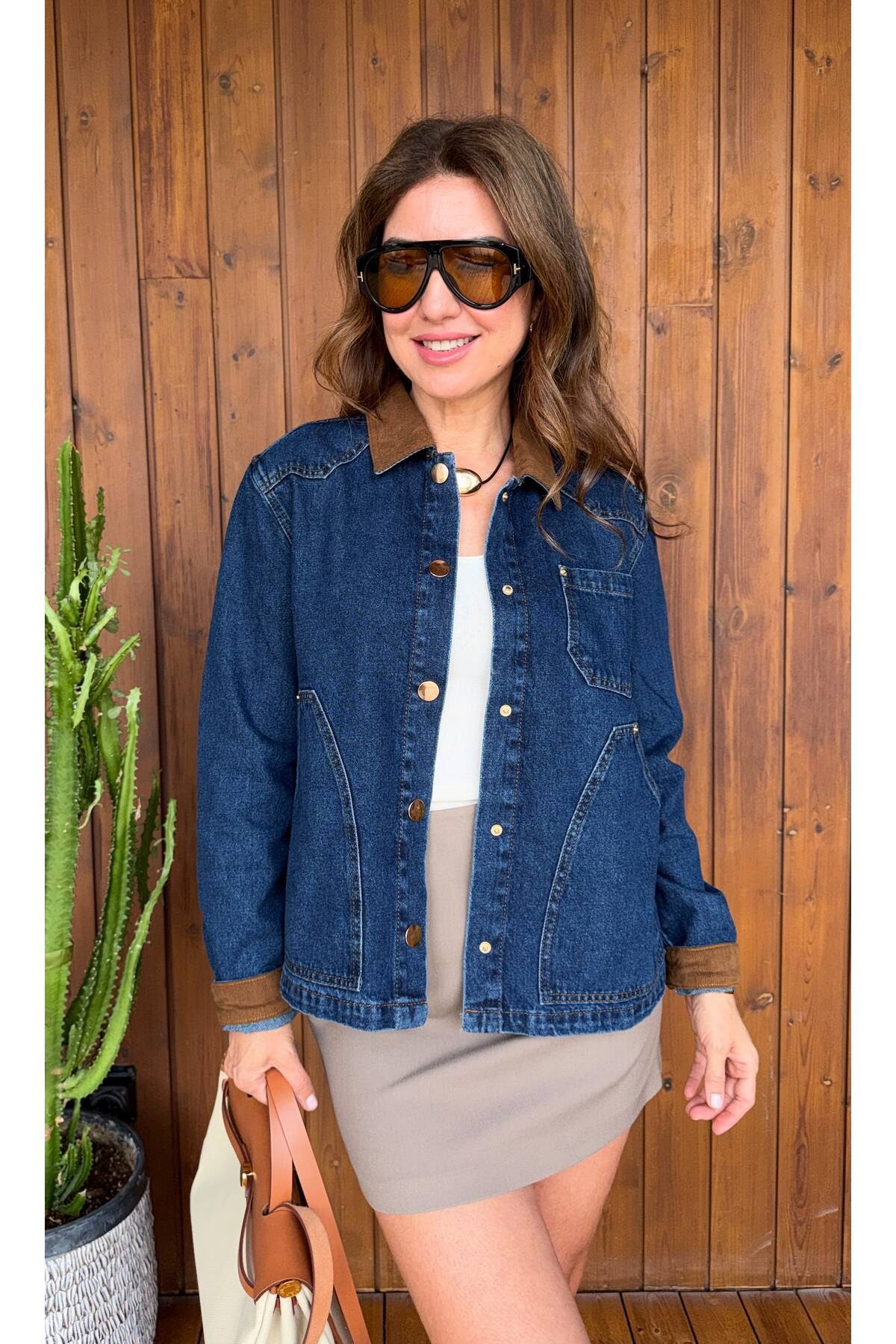 Kadife Yaka Garnili Kadın kot - denim ceket