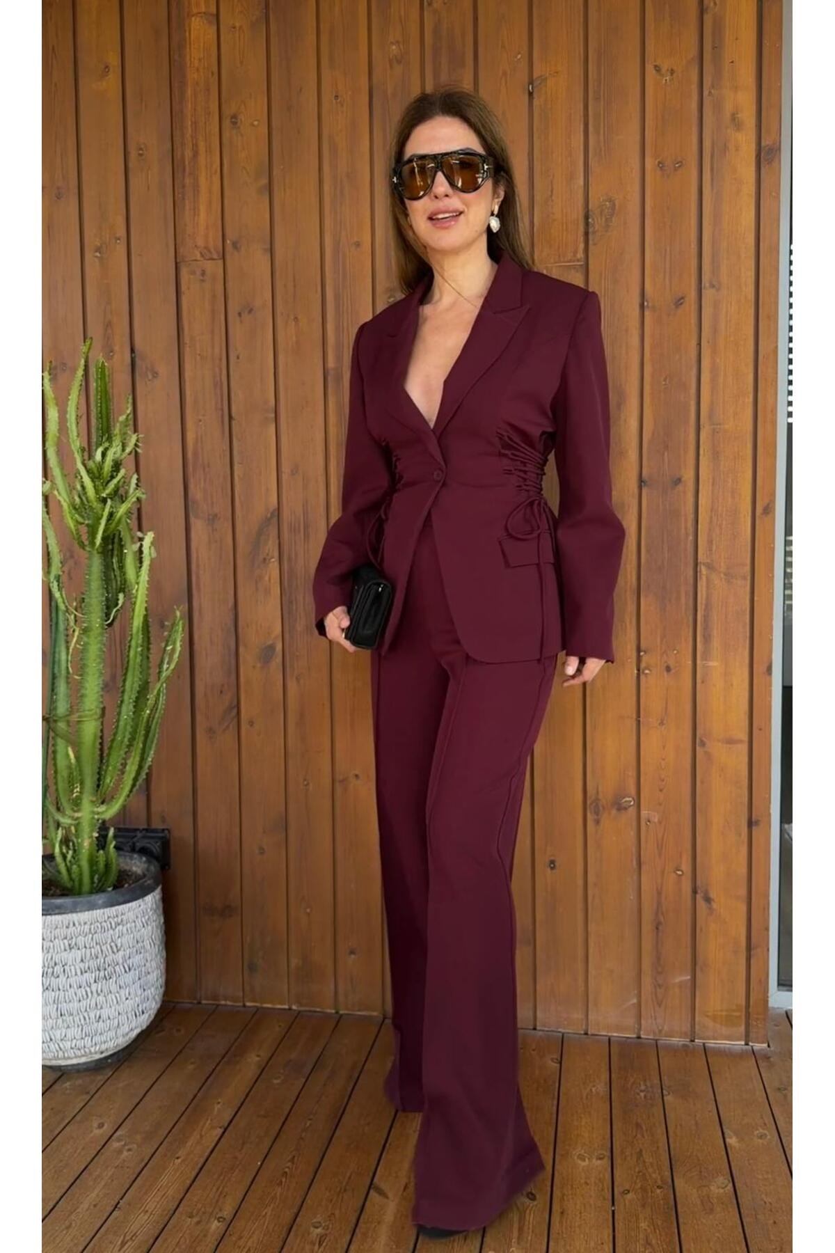 Kadın Bordo Büzgü Detaylı Blazer Ceket Palazzo Pantolon İkili Takım