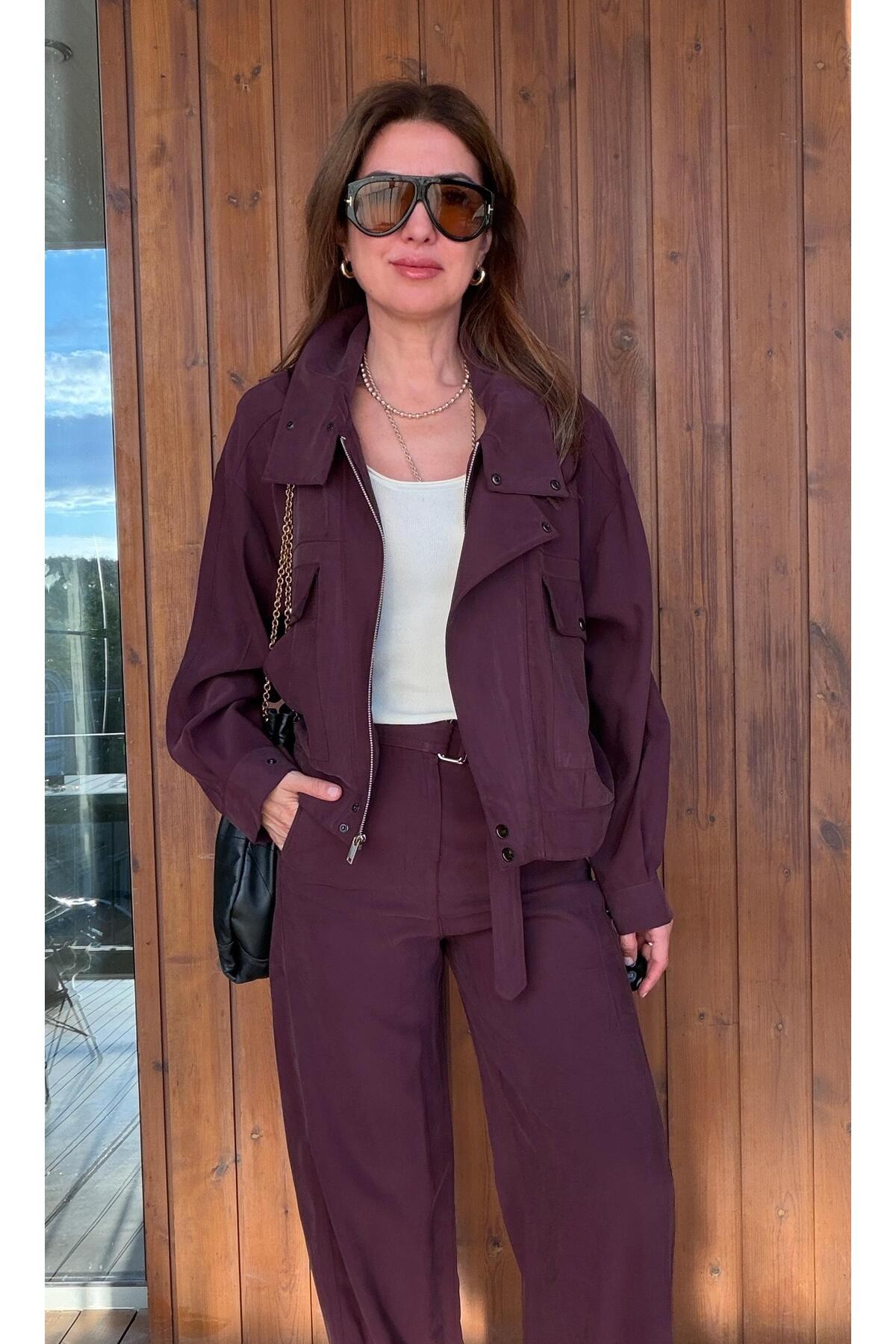 Kadın Tencel Yüksek Bel Pantolon Fermuarlı Ceket takım