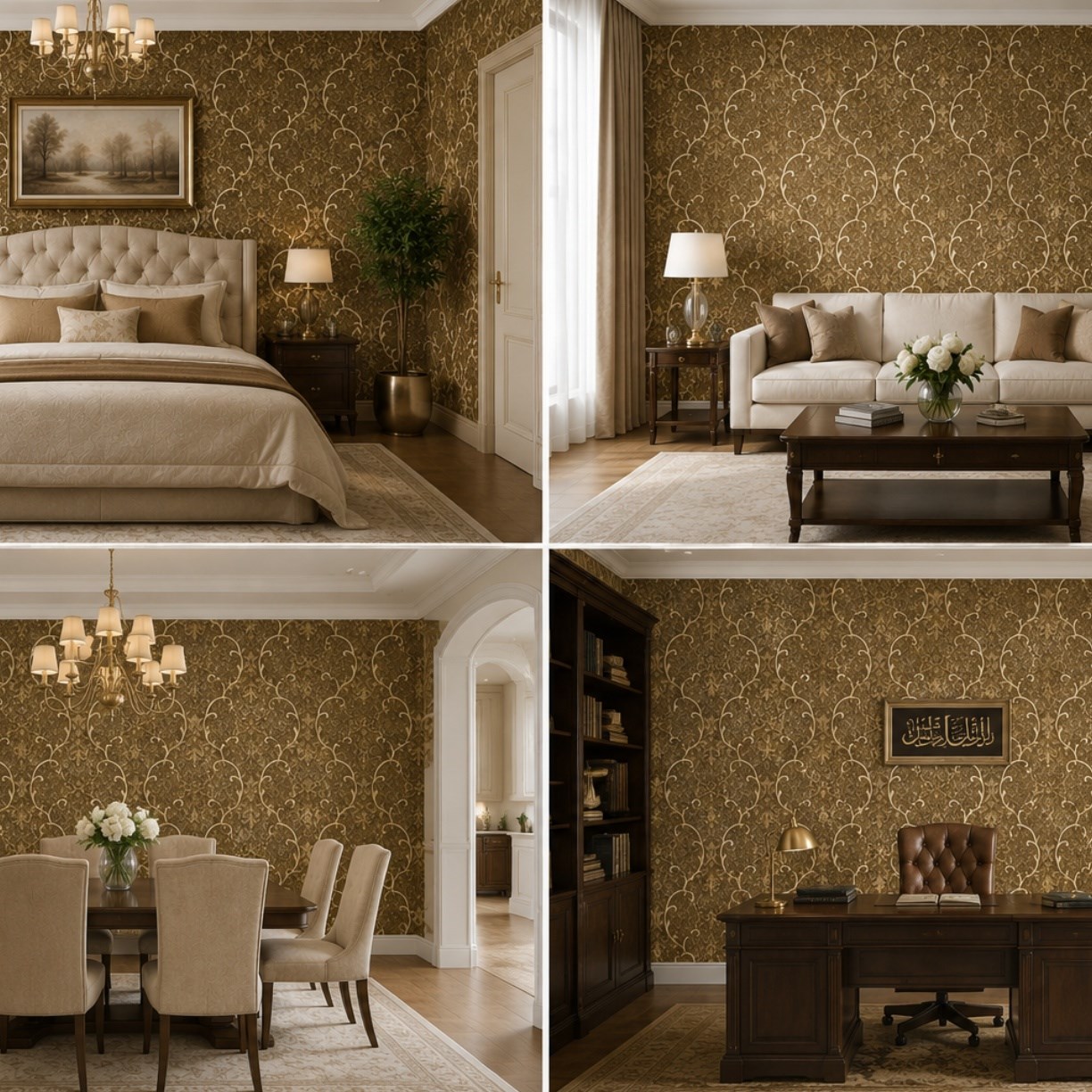 Altın Kahve Klasik Sarmaşık Damask Motifli Duvar Kağıdı 8527-7