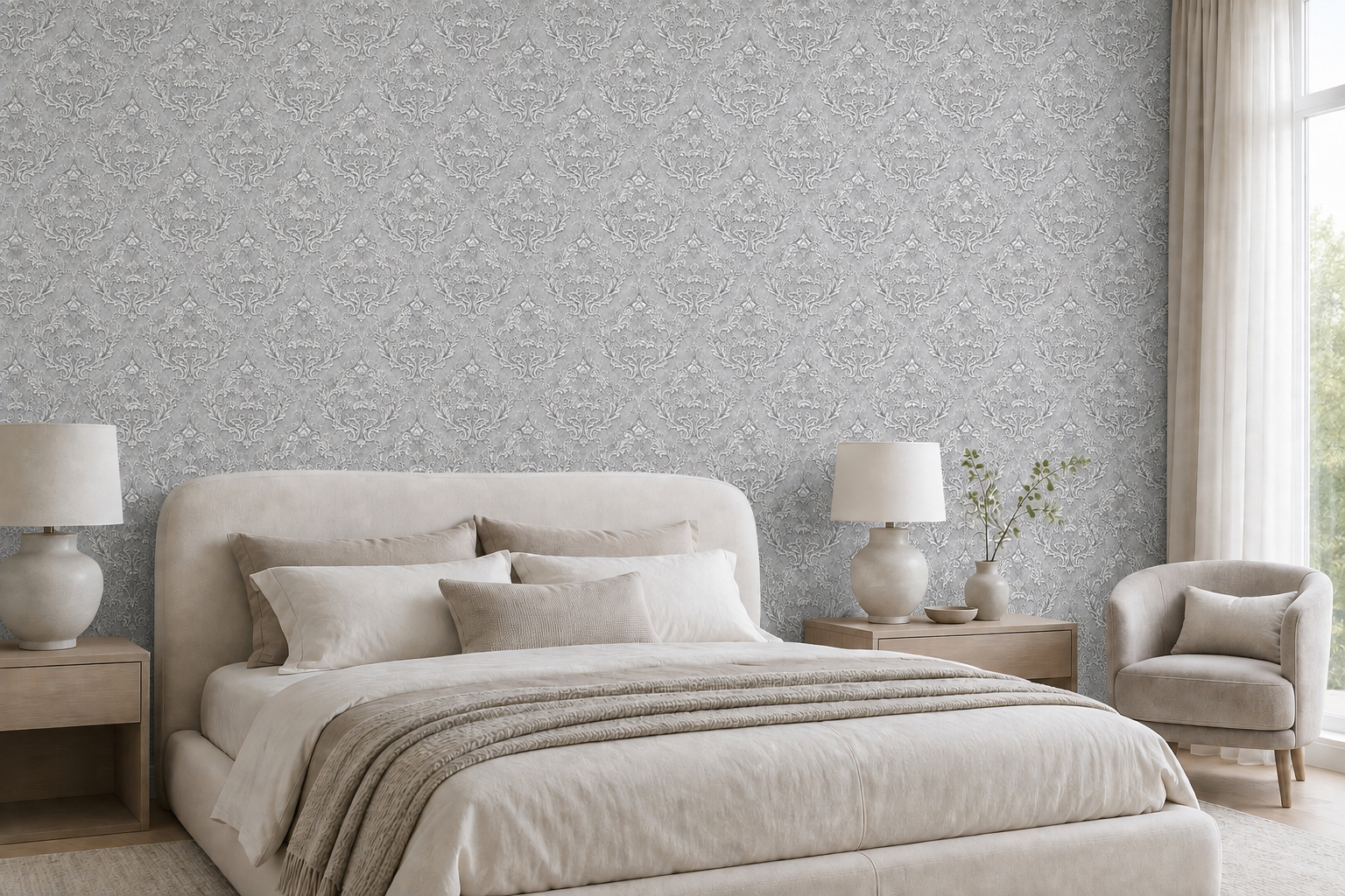 Gümüş Gri Klasik Damask Desenli Lüks Duvar Kağıdı 22010-3