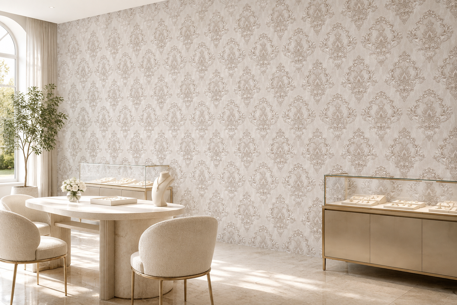 Krem Bej Klasik Damask Desenli Duvar Kağıdı 22012-2