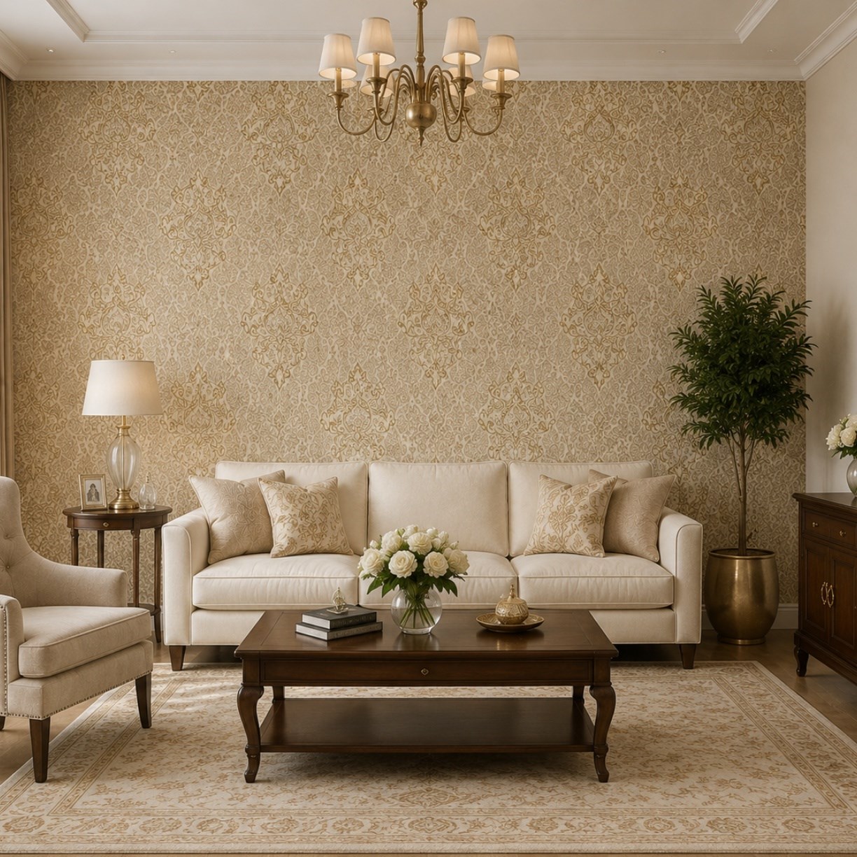 Krem Gold Klasik Sarmaşık Damask Motifli Duvar Kağıdı 8527-8